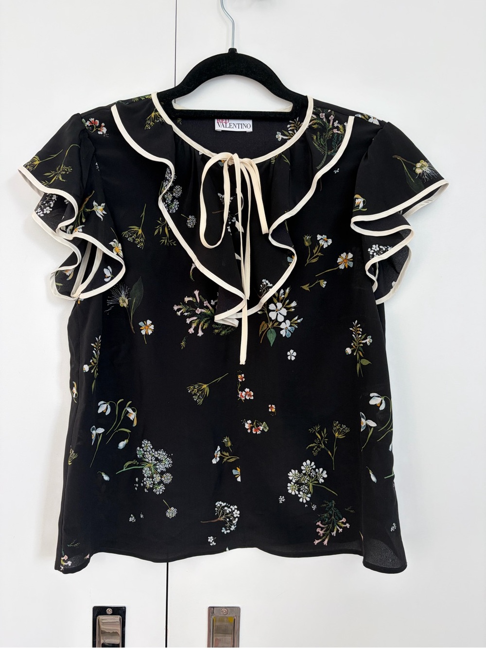 Red Valentino Floral Print Ruffle Neck Silk Blouse